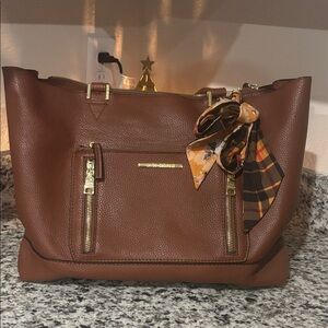 Steve Madden Tan Tote with Plaid Scarf Accent